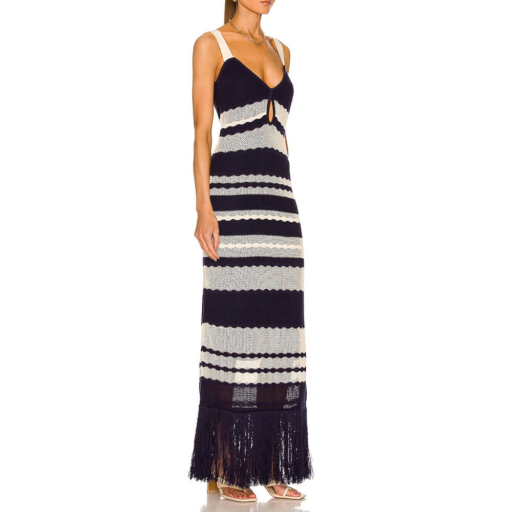 BLUE Striped Cotton-Knit Dress Custom Fashion Lady Elegant Summer Girls Casual Womens Dresses Knitting Dresses Midi Knitted