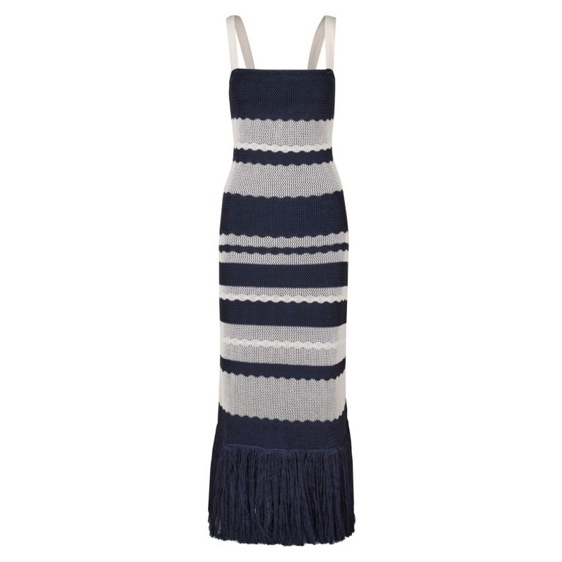 BLUE Striped Cotton-Knit Dress Custom Fashion Lady Elegant Summer Girls Casual Womens Dresses Knitting Dresses Midi Knitted