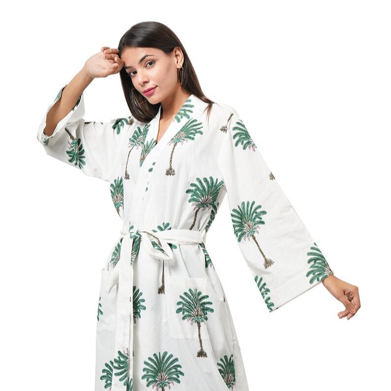 Maxi Dress Hawaiian Green Palm Beach Wear Tunic kaftan India Cotton Dress For Women Ethnic Kimono Plus Size Robe