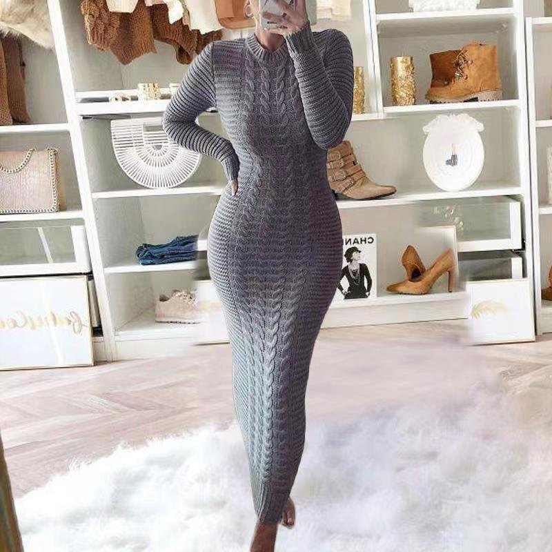 Autumn Winter Womens Clothing Women Long Dress Full Casual Dresses Fashion Simple Twist Long Sleeved Knitted Adults Crew Neck