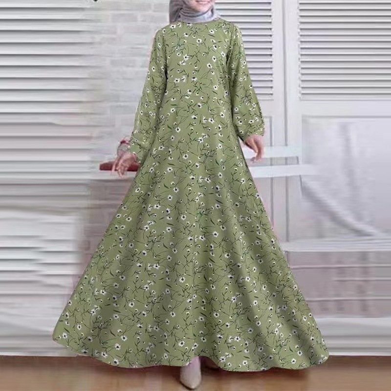 Women Autumn Sundress 2023 Elegant Printed Muslim Dress Casual Long Sleeve Abaya Hijab Vestidos Female Floral Robe Femme