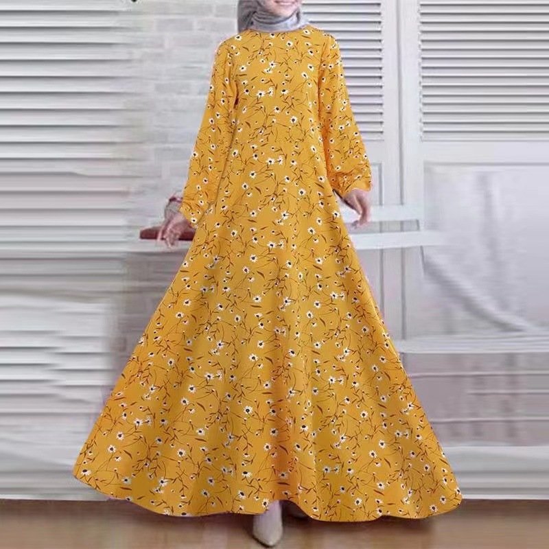 Women Autumn Sundress 2023 Elegant Printed Muslim Dress Casual Long Sleeve Abaya Hijab Vestidos Female Floral Robe Femme