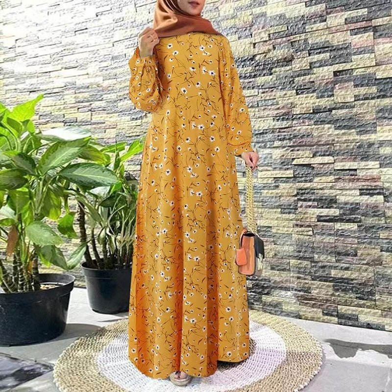 Women Autumn Sundress 2023 Elegant Printed Muslim Dress Casual Long Sleeve Abaya Hijab Vestidos Female Floral Robe Femme