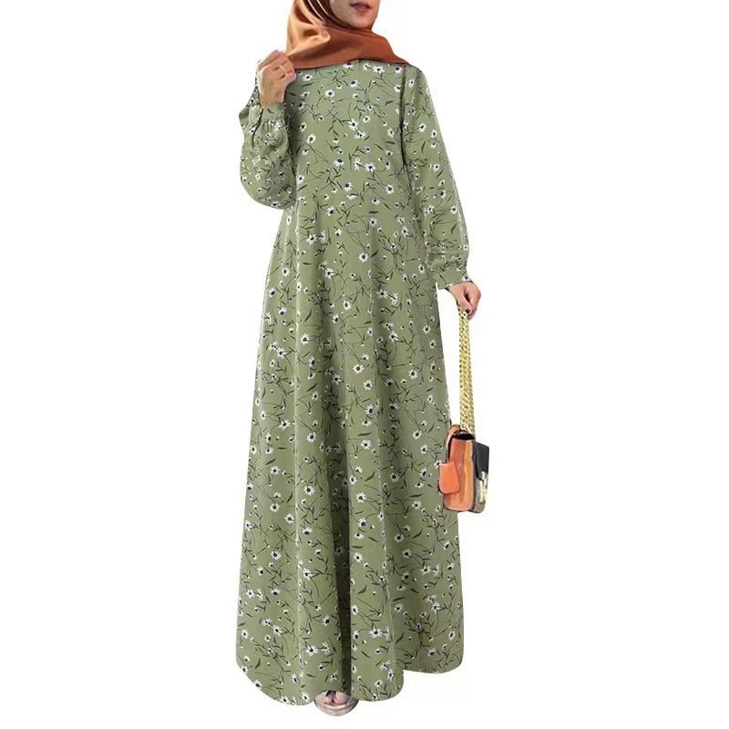 Women Autumn Sundress 2023 Elegant Printed Muslim Dress Casual Long Sleeve Abaya Hijab Vestidos Female Floral Robe Femme