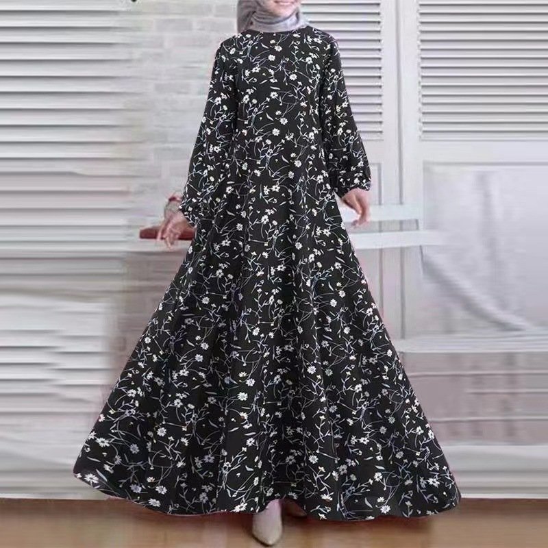 Women Autumn Sundress 2023 Elegant Printed Muslim Dress Casual Long Sleeve Abaya Hijab Vestidos Female Floral Robe Femme