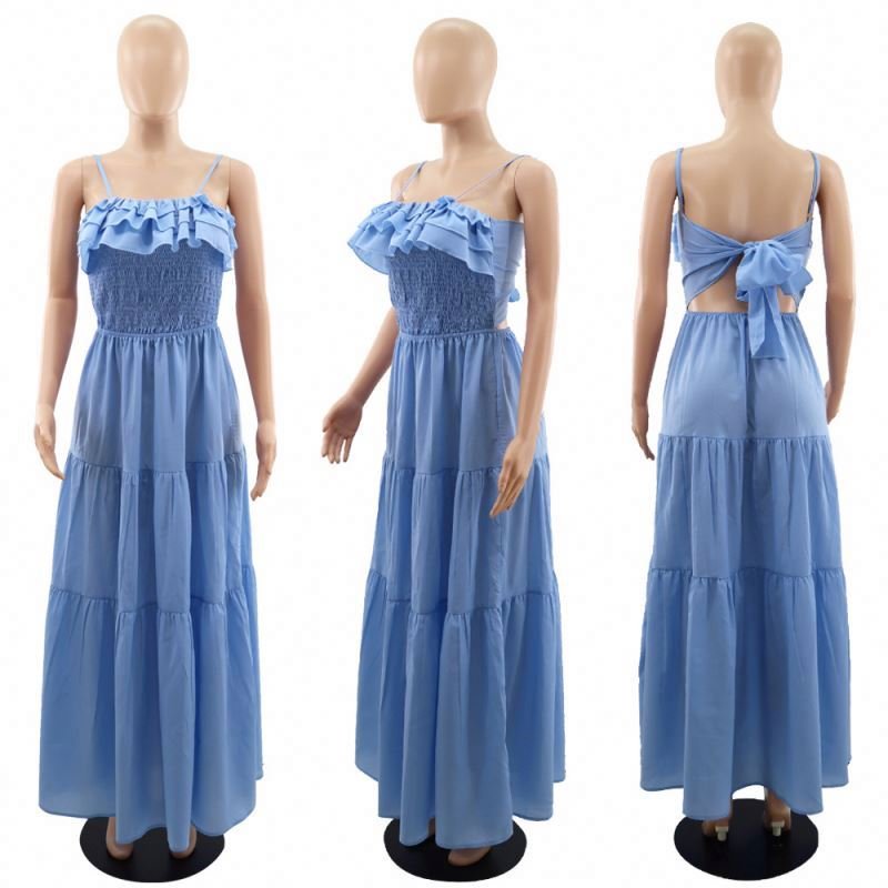 Casual Summer 2024 New Arrivals Sleeveless Mushroom Edge Backless Bow Tie Women'S Maxi Dress