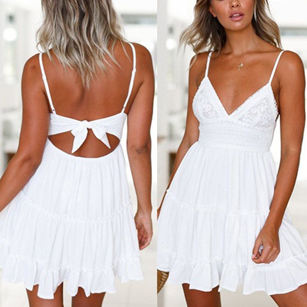 Summer Women Lace Sexy Backless Dress V - neck Beach Dresses Fashion Sleeveless Spaghetti Strap Casual Mini Sundress