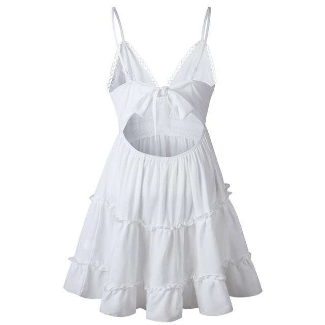 Summer Women Lace Sexy Backless Dress V - neck Beach Dresses Fashion Sleeveless Spaghetti Strap Casual Mini Sundress