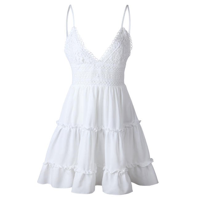 Summer Women Lace Sexy Backless Dress V - neck Beach Dresses Fashion Sleeveless Spaghetti Strap Casual Mini Sundress