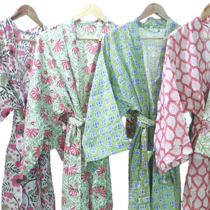 100% Cotton Kimono Block Print Dress for Women Handmade Casual Summer Outfit with Long Sleeves and Belt Decoration Comfortable