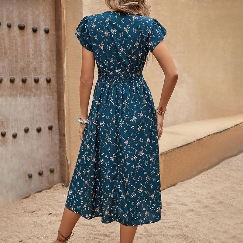 Romantic Floral Print Long Dress vestidos largos elegantes Women's Elegant V-Neck Single Back Waist Elastic Dresses