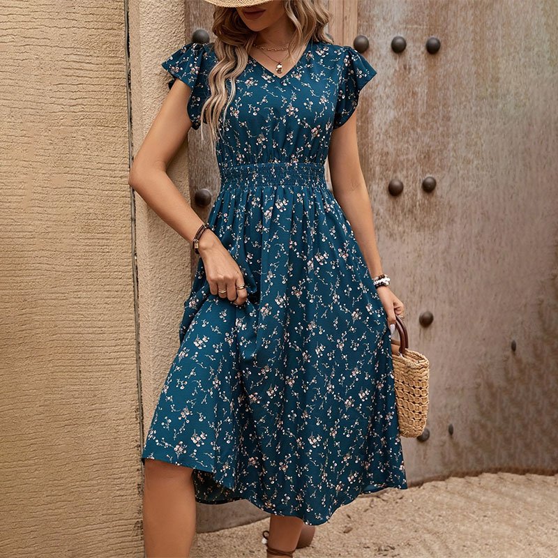 Romantic Floral Print Long Dress vestidos largos elegantes Women's Elegant V-Neck Single Back Waist Elastic Dresses