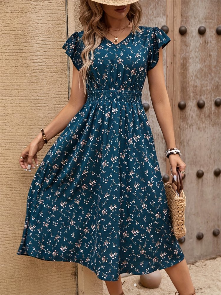 Romantic Floral Print Long Dress vestidos largos elegantes Women's Elegant V-Neck Single Back Waist Elastic Dresses