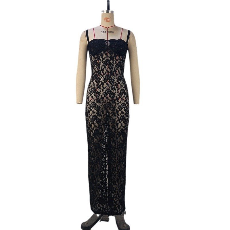 Summer Sleeveless Lace Hollow Out Elegant Long Party Dresses See Through Bodycon Sexy Women Lace Dress