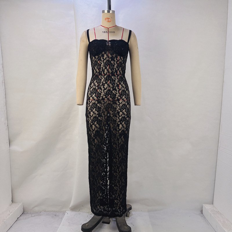 Summer Sleeveless Lace Hollow Out Elegant Long Party Dresses See Through Bodycon Sexy Women Lace Dress