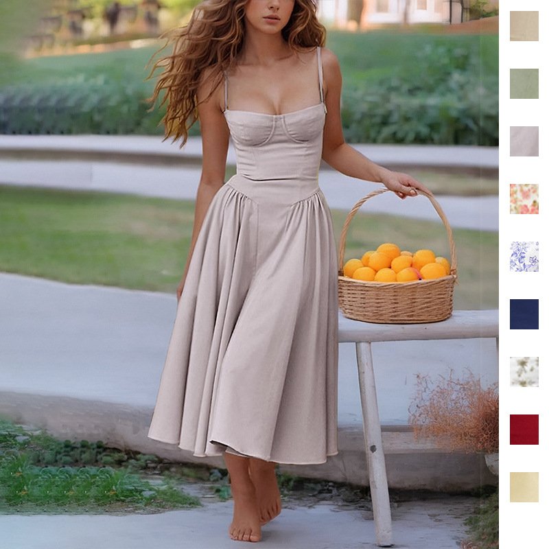 2024 Summer European American Women's New Elegant Temperament Printed Waist Maxi Dress Floral Floral Swing Casual Use Spring