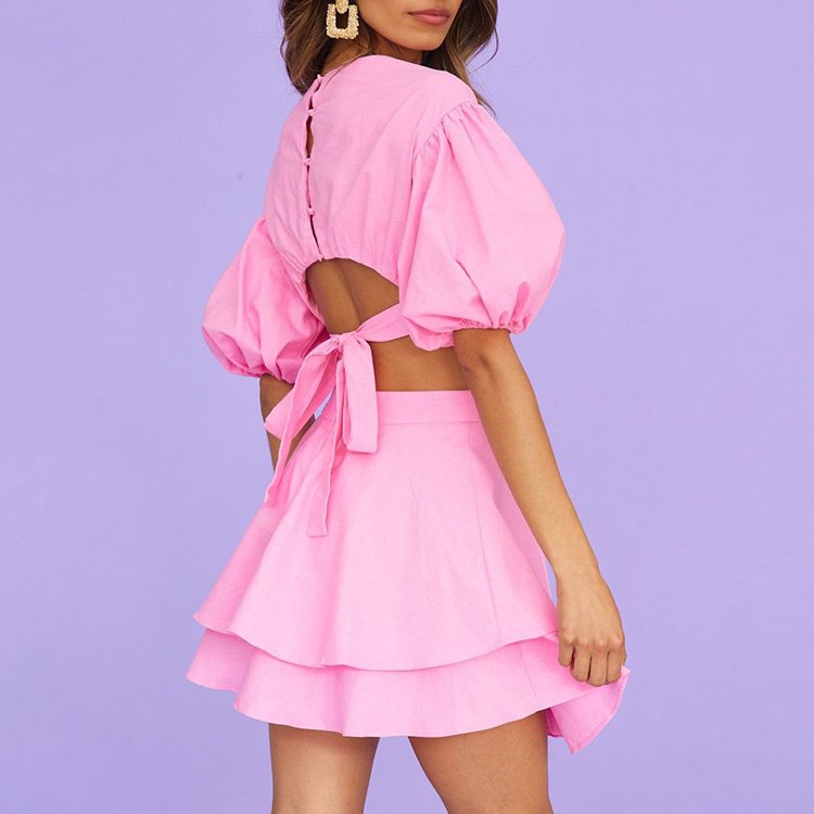 Source Factory Custom Fashion Women Clothing Pleated Dress Cotton Swing Pink Loose Mini Summer Casual Women Dress