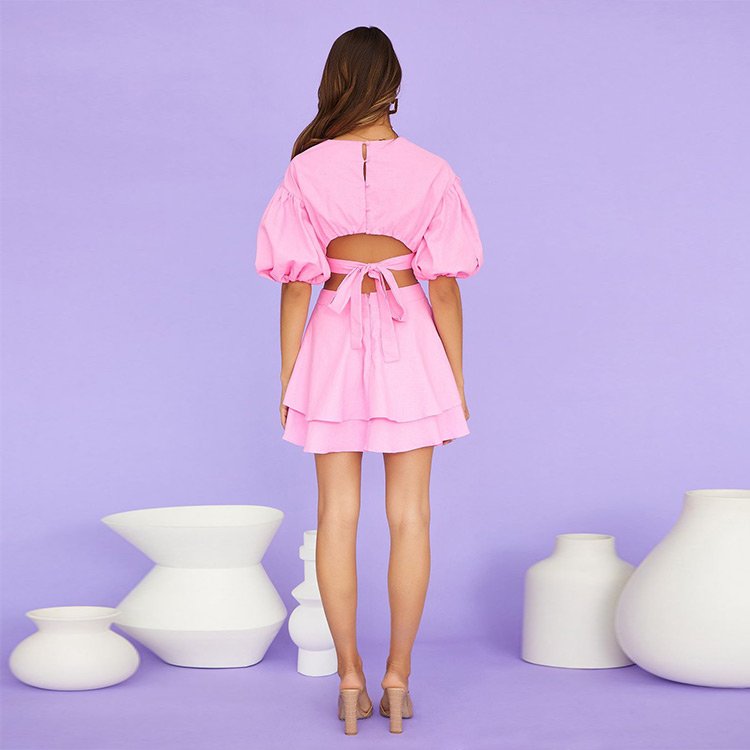 Source Factory Custom Fashion Women Clothing Pleated Dress Cotton Swing Pink Loose Mini Summer Casual Women Dress