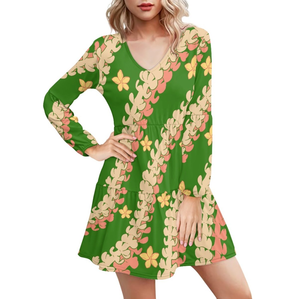 Urban Beauty Clothing V Neck Progressive Pleats At The Hem Casual Dresses Pua Male Flower Lei Pattern Women Dress