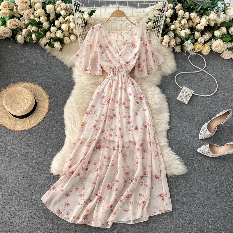Cheap Casual Dresses Floral Printing Flare Sleeve Chiffon Dresses Fashion Women Summer Dress