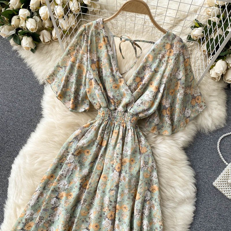 Cheap Casual Dresses Floral Printing Flare Sleeve Chiffon Dresses Fashion Women Summer Dress