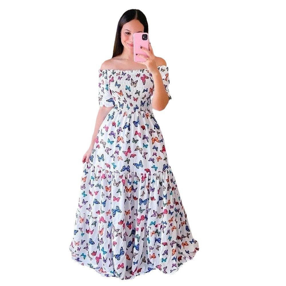 2024 Women's Elegant Satin Off-Shoulder Floral Printed Dress Casual Style Digital Back Floor-Length Spring Summer Autumn