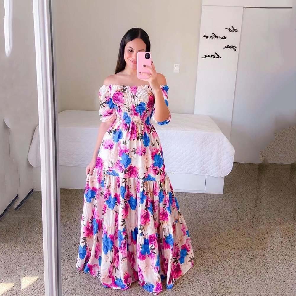 2024 Women's Elegant Satin Off-Shoulder Floral Printed Dress Casual Style Digital Back Floor-Length Spring Summer Autumn