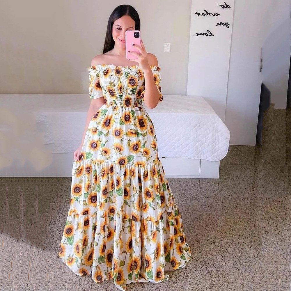 2024 Women's Elegant Satin Off-Shoulder Floral Printed Dress Casual Style Digital Back Floor-Length Spring Summer Autumn