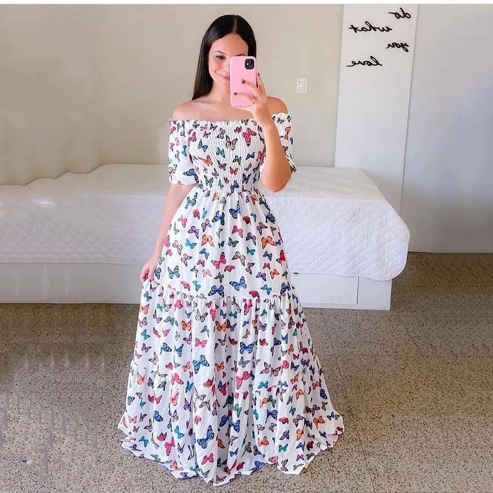 2024 Women's Elegant Satin Off-Shoulder Floral Printed Dress Casual Style Digital Back Floor-Length Spring Summer Autumn