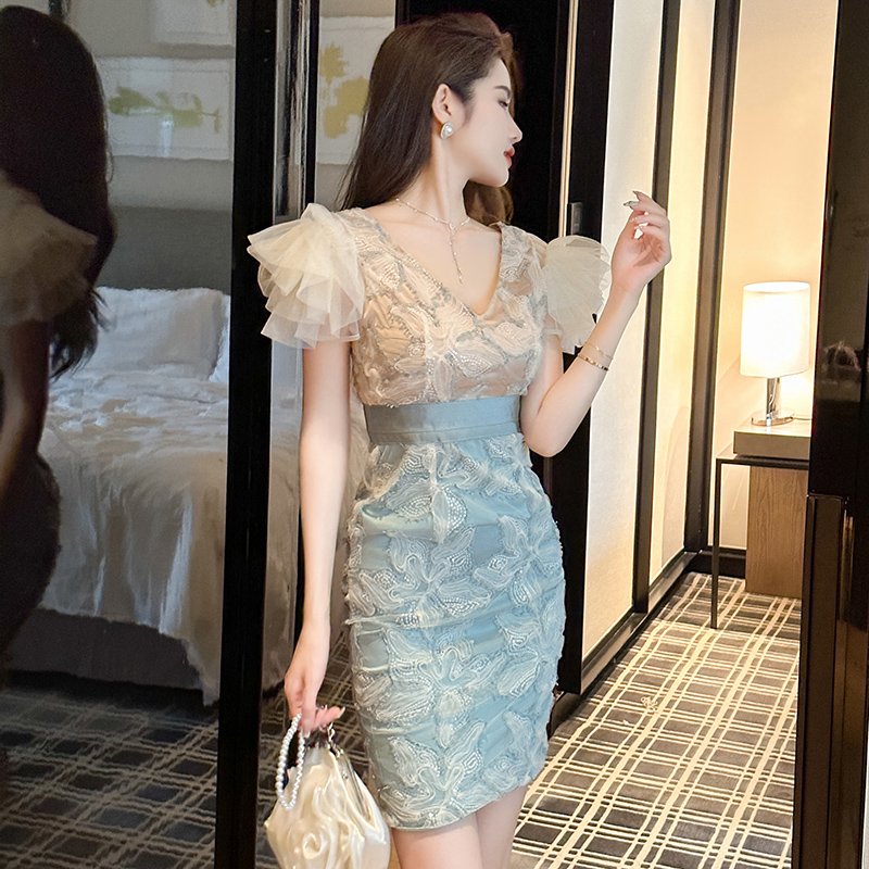 ZYHT 20339 Latest Design Embroidery Lace Sequin Deep V Neck Dress Mesh Patchwork Short Sleeve Short Mini Dress