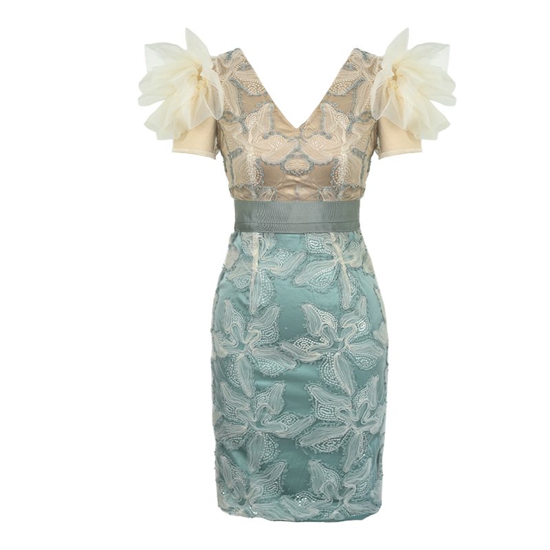 ZYHT 20339 Latest Design Embroidery Lace Sequin Deep V Neck Dress Mesh Patchwork Short Sleeve Short Mini Dress