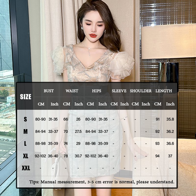 ZYHT 20339 Latest Design Embroidery Lace Sequin Deep V Neck Dress Mesh Patchwork Short Sleeve Short Mini Dress
