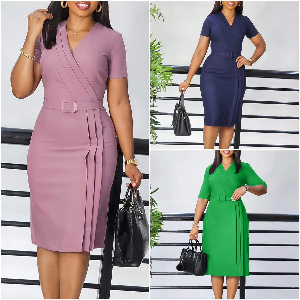 D504 Latest Design Summer Ladies Office Dresses Short Sleeve V-neck Waist Wrap Pencil Career Dresses Women Casual Africa Dress