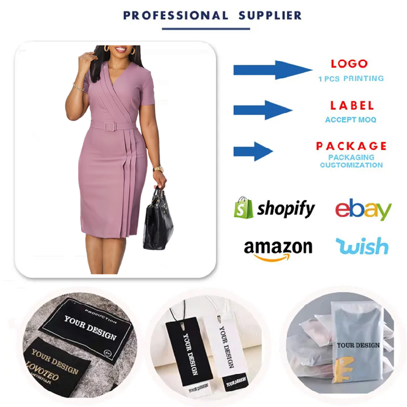 D504 Latest Design Summer Ladies Office Dresses Short Sleeve V-neck Waist Wrap Pencil Career Dresses Women Casual Africa Dress