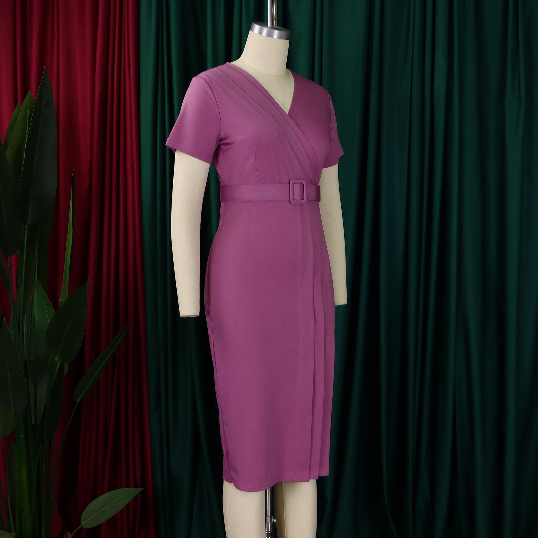 D504 Latest Design Summer Ladies Office Dresses Short Sleeve V-neck Waist Wrap Pencil Career Dresses Women Casual Africa Dress
