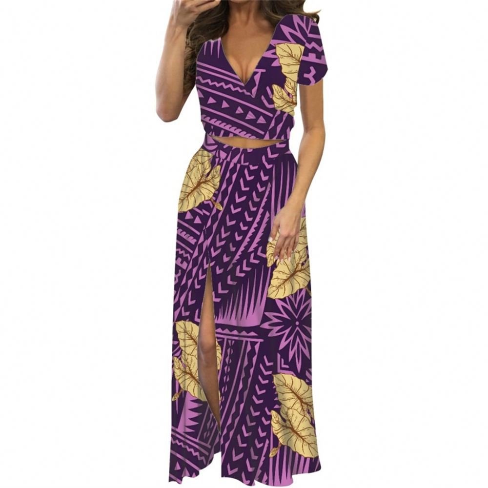 Sublimation Women's Dress Dark Blue POD Slit Design Women Elegant Dress Short Sleeve V-neck Sexy Two Pcs Set Dresses