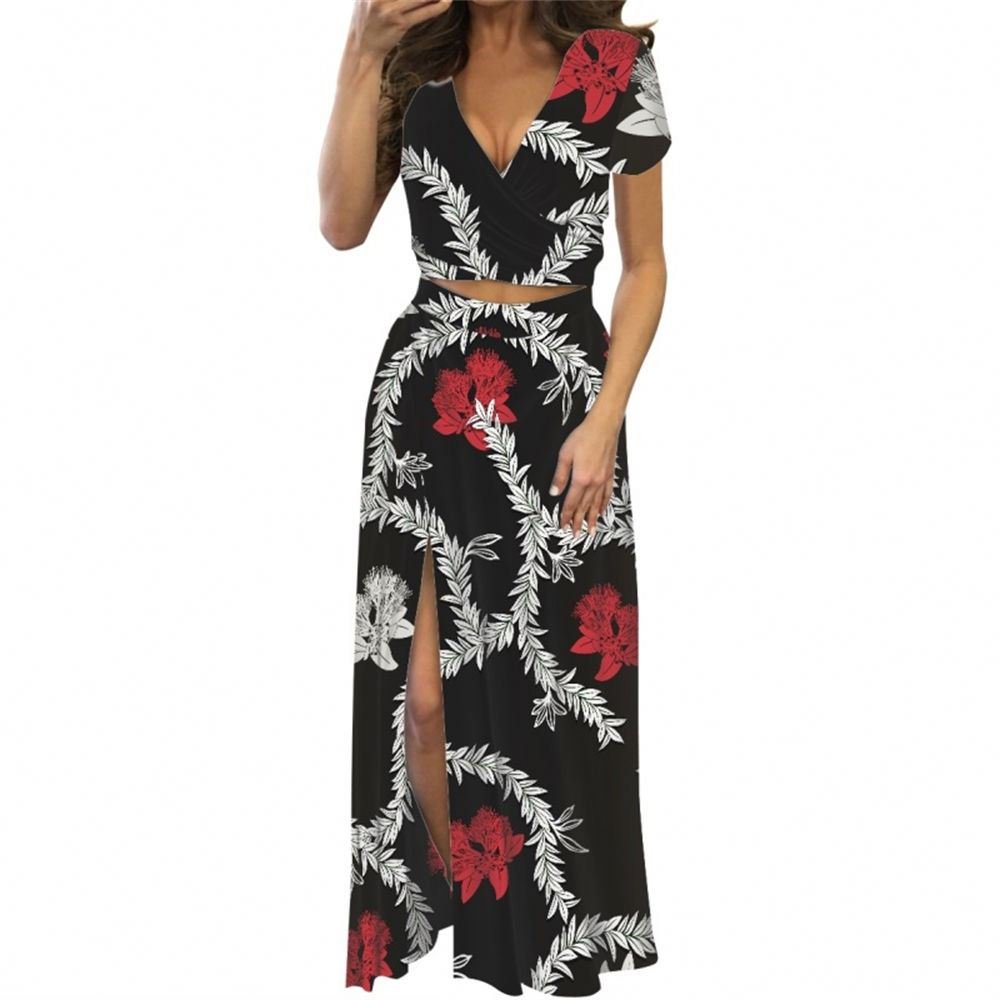 Sublimation Women's Dress Dark Blue POD Slit Design Women Elegant Dress Short Sleeve V-neck Sexy Two Pcs Set Dresses