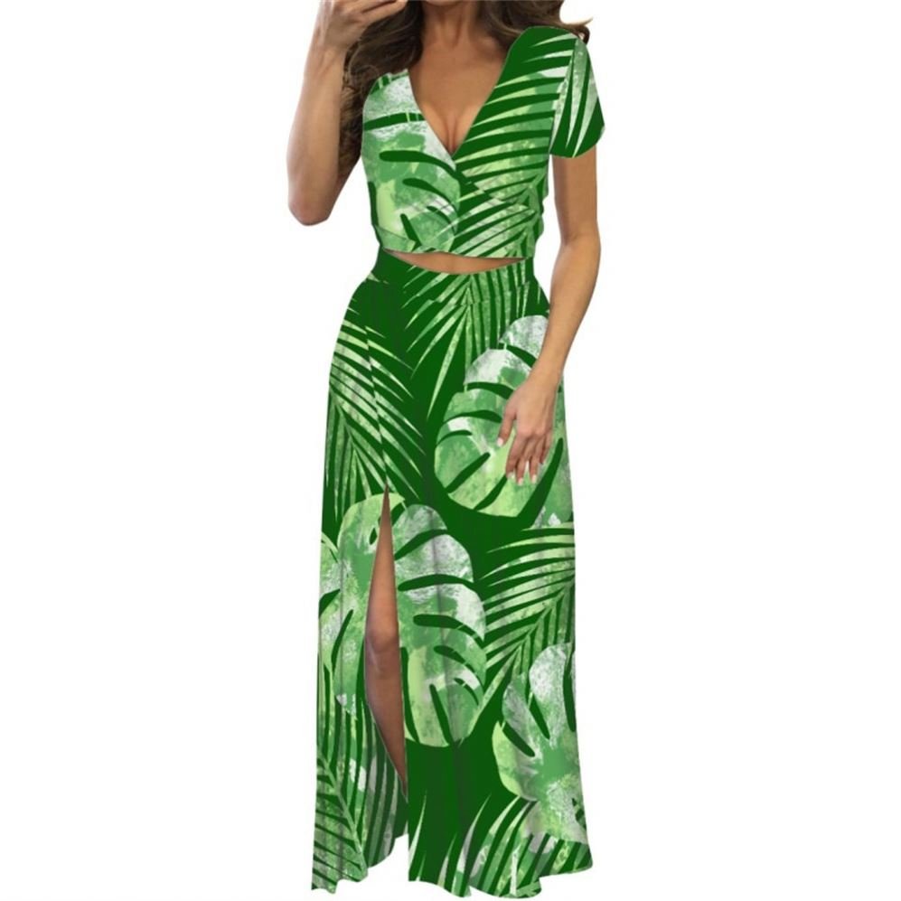 Sublimation Women's Dress Dark Blue POD Slit Design Women Elegant Dress Short Sleeve V-neck Sexy Two Pcs Set Dresses