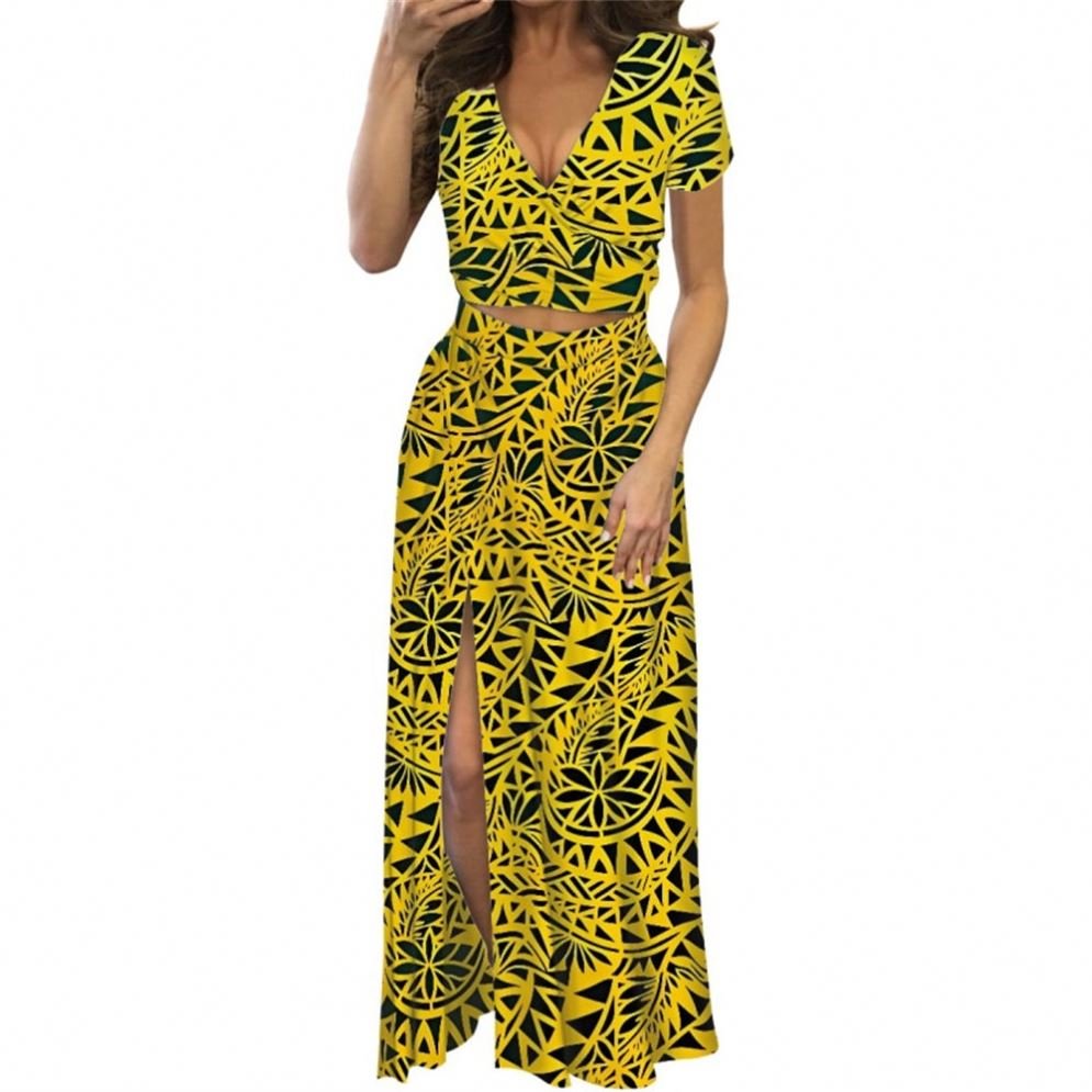 Sublimation Women's Dress Dark Blue POD Slit Design Women Elegant Dress Short Sleeve V-neck Sexy Two Pcs Set Dresses