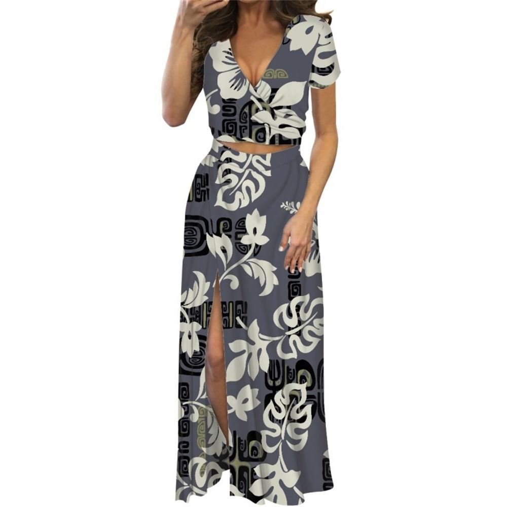 Sublimation Women's Dress Dark Blue POD Slit Design Women Elegant Dress Short Sleeve V-neck Sexy Two Pcs Set Dresses
