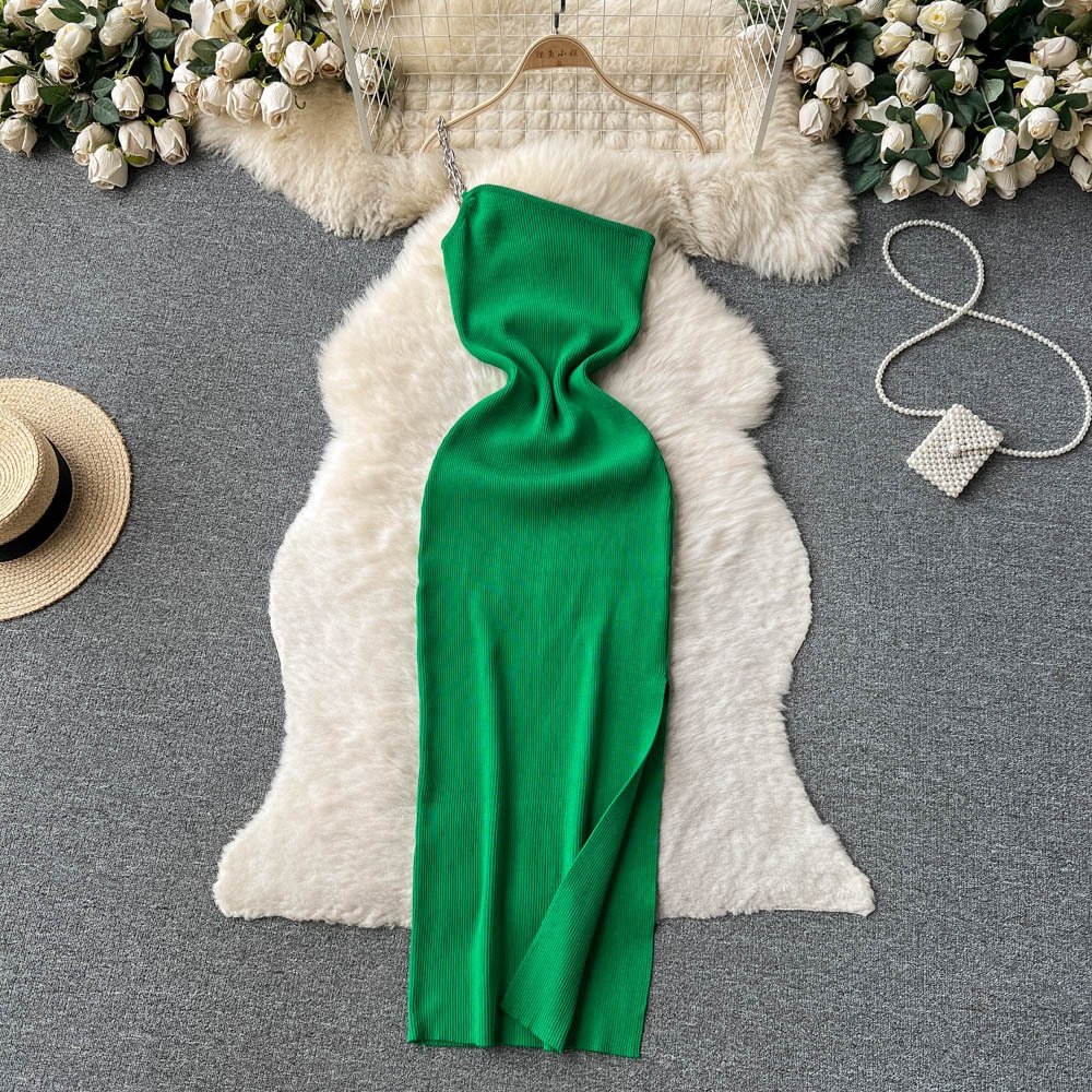 Acrylic Summer Sleeveless Knit Casual Dress Women High Waist Midi Spaghetti Slip Dress Ladies Elegant Dresses Clothes Women