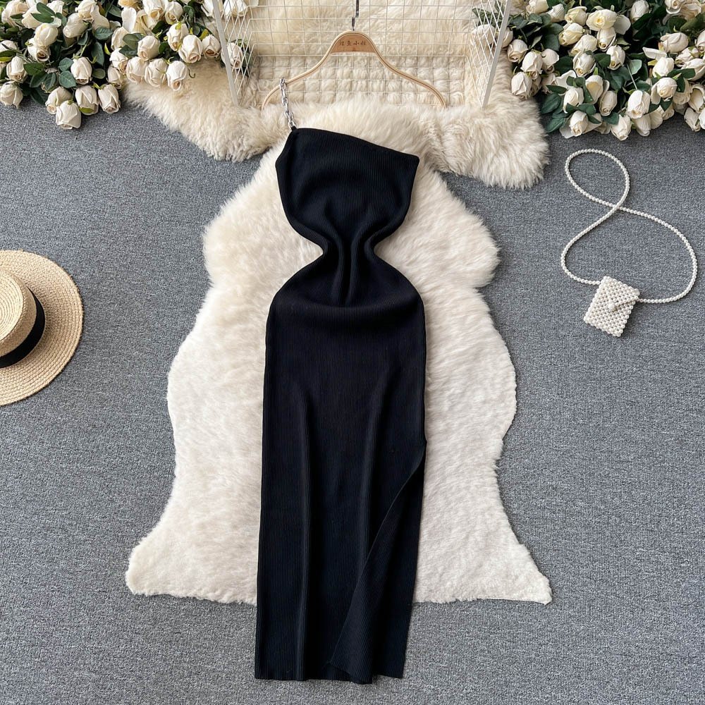 Acrylic Summer Sleeveless Knit Casual Dress Women High Waist Midi Spaghetti Slip Dress Ladies Elegant Dresses Clothes Women