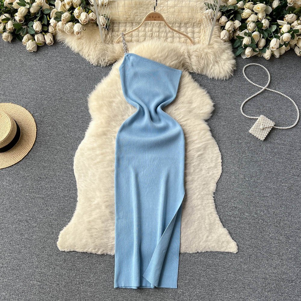 Acrylic Summer Sleeveless Knit Casual Dress Women High Waist Midi Spaghetti Slip Dress Ladies Elegant Dresses Clothes Women