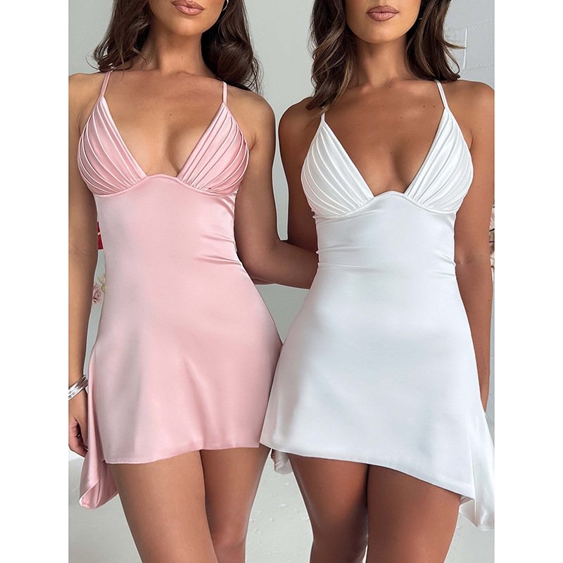 Solid Pink Maxi Dress Women Y2K Dress Casual Women Clothing White Satin Camisole Mini Summer Casual Dresses Sexy