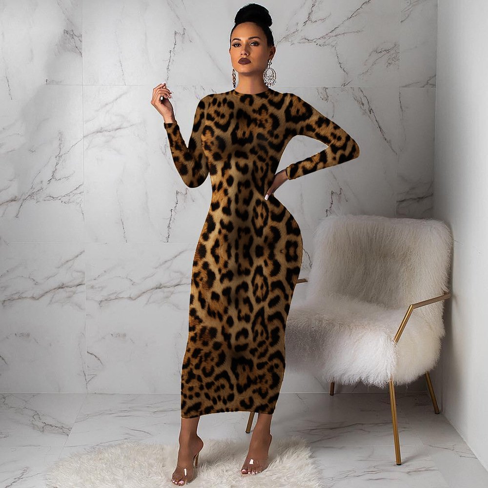 Fashion women's clothing Print Leopard Print Irregular Women casual dresses Slim Sexy West Long Sleeve Night club ladies dress