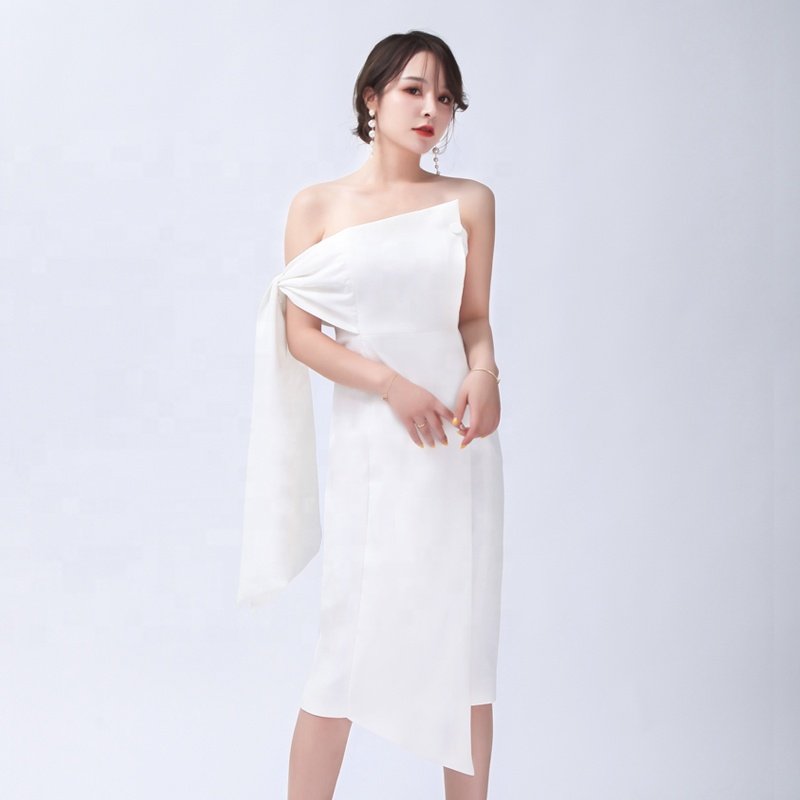 Chic Style Ladies Elegant Fashion White Tube Top Off Shoulder Slim Banquet Party Bodycon Midi Dress