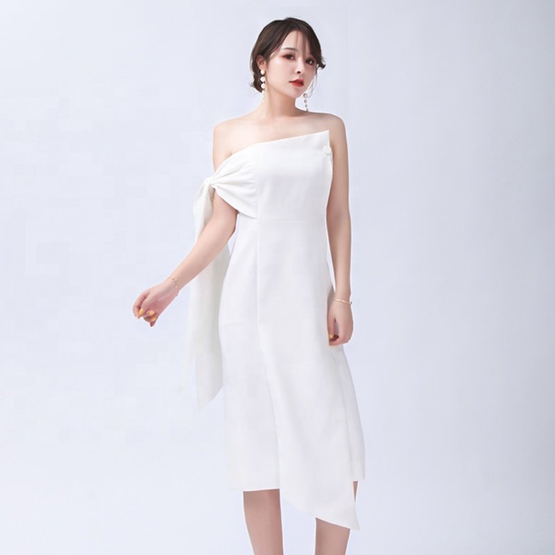 Chic Style Ladies Elegant Fashion White Tube Top Off Shoulder Slim Banquet Party Bodycon Midi Dress