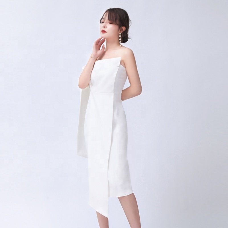 Chic Style Ladies Elegant Fashion White Tube Top Off Shoulder Slim Banquet Party Bodycon Midi Dress