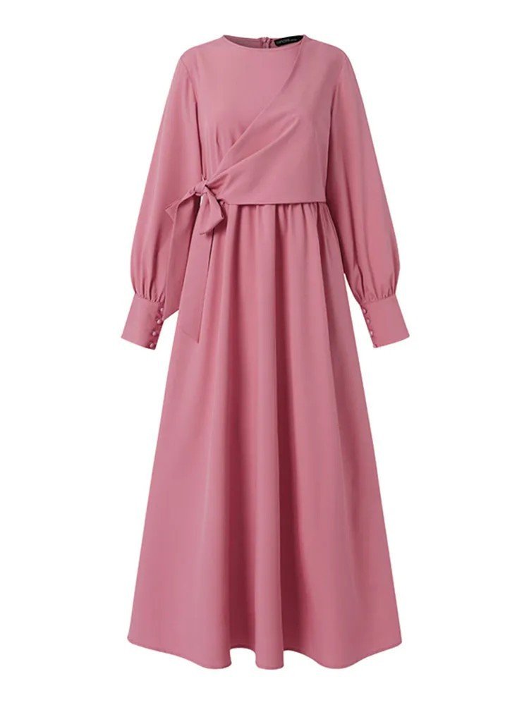 Southeast Asian Middle East Arabian Women Long Robe Muslim Lace Up Dress Kaftan Abaya Maxi Sleeve Casual Dresses