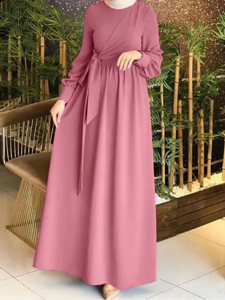 Southeast Asian Middle East Arabian Women Long Robe Muslim Lace Up Dress Kaftan Abaya Maxi Sleeve Casual Dresses